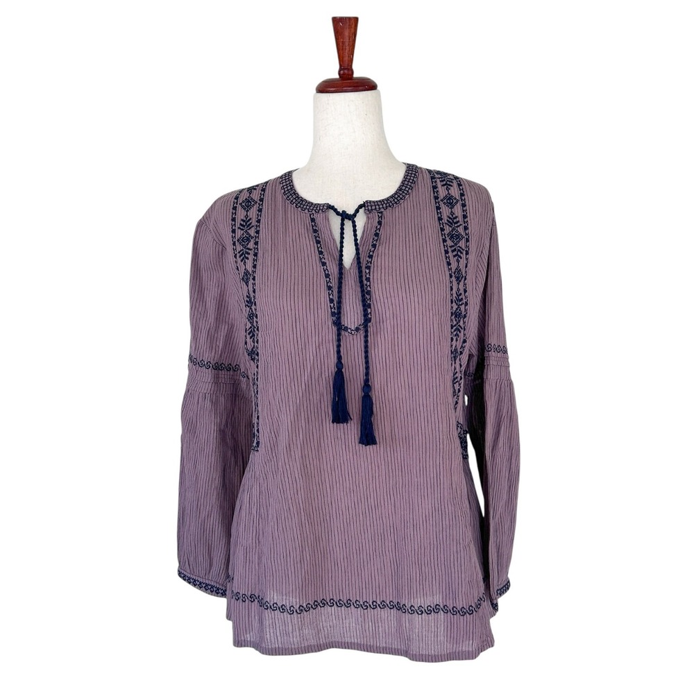 Garnet Hill Top Size 8 Embroidered Cotton Boho‎ Bell Sleeves Purple Stripes